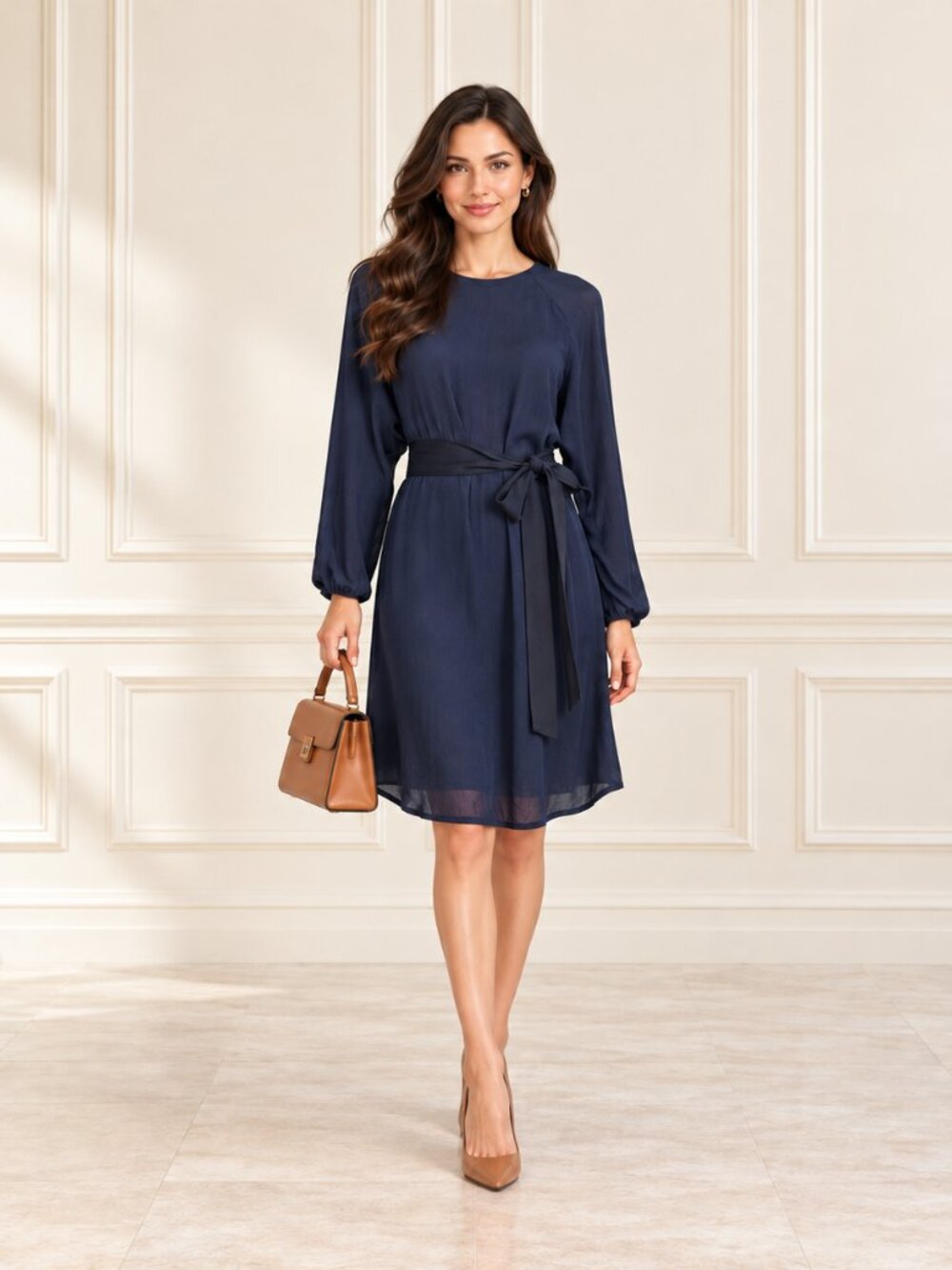 Enza Costa Navy Blue Knee Length Belted Long Sleeve Crew Neck Dress